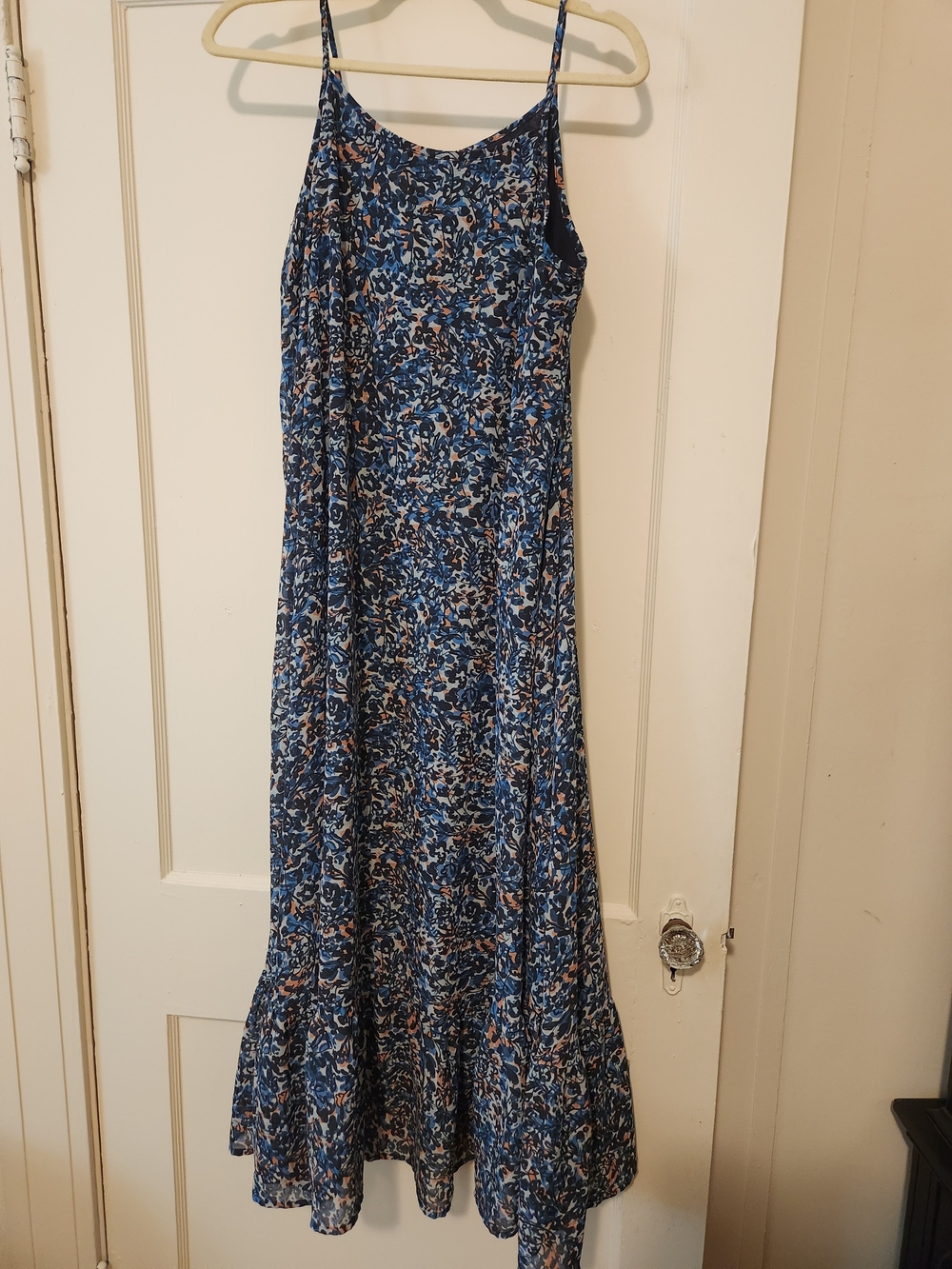 Mud Pie L Blue Abstract Floral Print Ruffle Hem Maxi Dress Resort